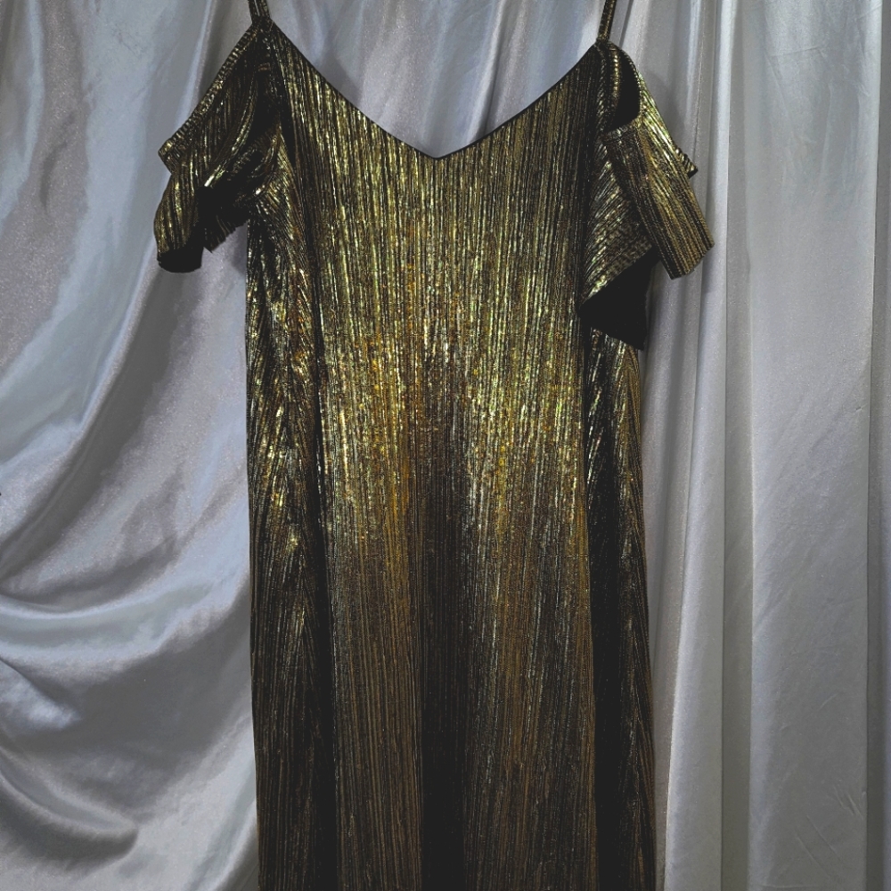 Metallic gold cold shoulder dress